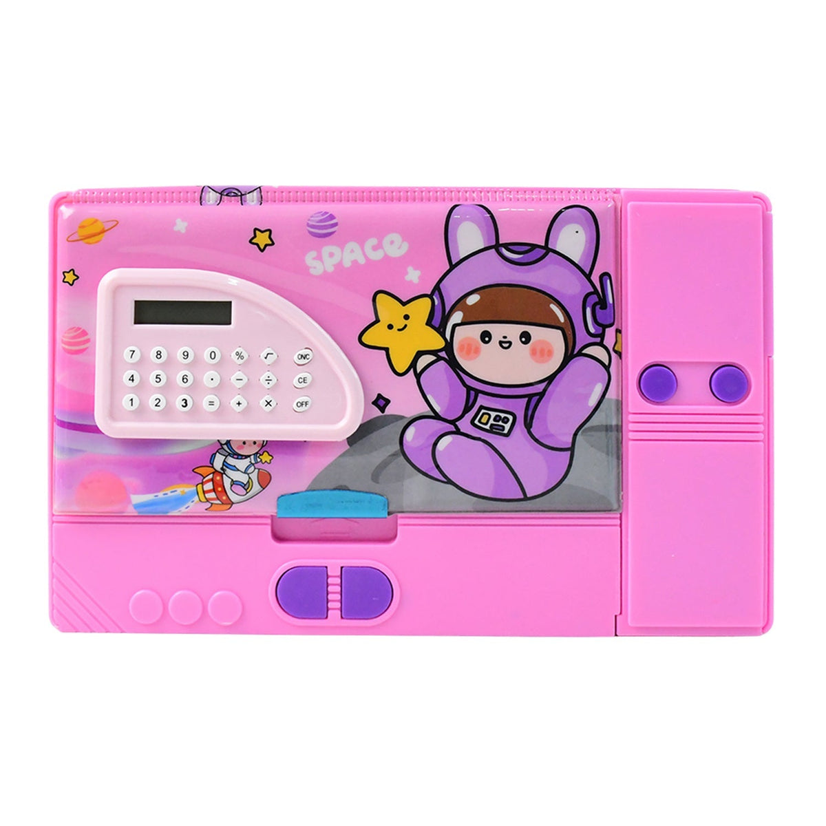 Space design school pencil box with integrated calculator