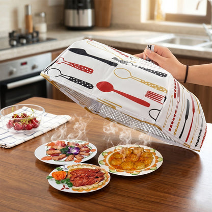 Reusable fabric food cover protecting snacks on a dining table
