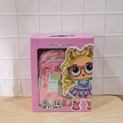 Side view of the complete pink Kids School Bag Set, ready for daily use.