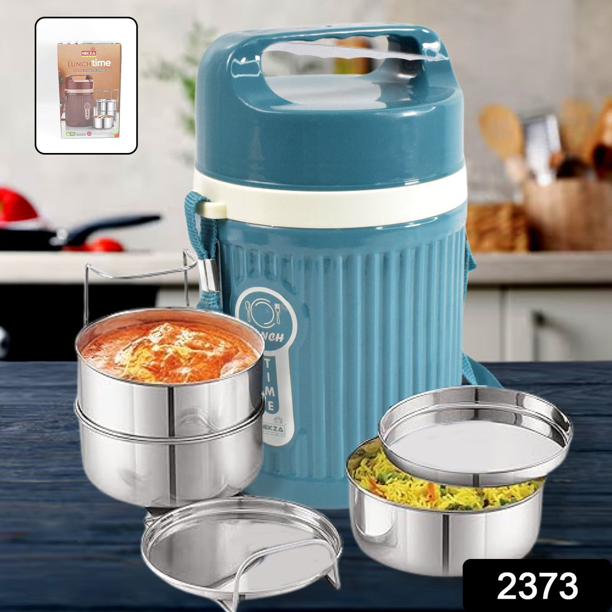 Side view of the Nekza insulated tiffin showing its compact and portable design.